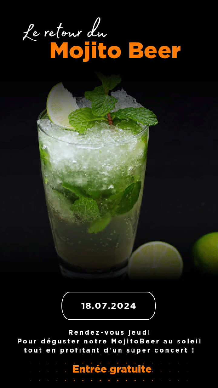 Ne manquez pas notre soirée double événement ce jeudi 18 juillet ! 
Le Mojito Beer est de retour pour célébrer le soleil avec vous !
Venez déguster ce cocktail unique en terrasse tout en profitant de la musique live à partir de 19h00 avec Naala et Mathieu.
Rejoignez-nous dès 17h00 pour savourer notre cocktail maison, puis à 19h00 pour un concert inoubliable ! 
 Entrée gratuite pour tous, à ne pas manquer ! 